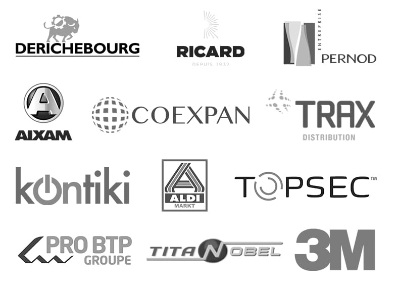 Logos : Derichebourg, Aldi, Pernod Ricard, Kontiki, Aixam, Trax Distribution, Ricard, Titanobel, 3M.